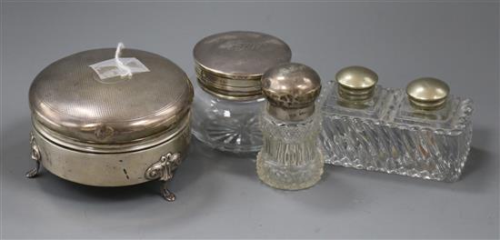 A George V silver trinket box, 2 silver topped glass boxes and a mounted 2 division ink pot